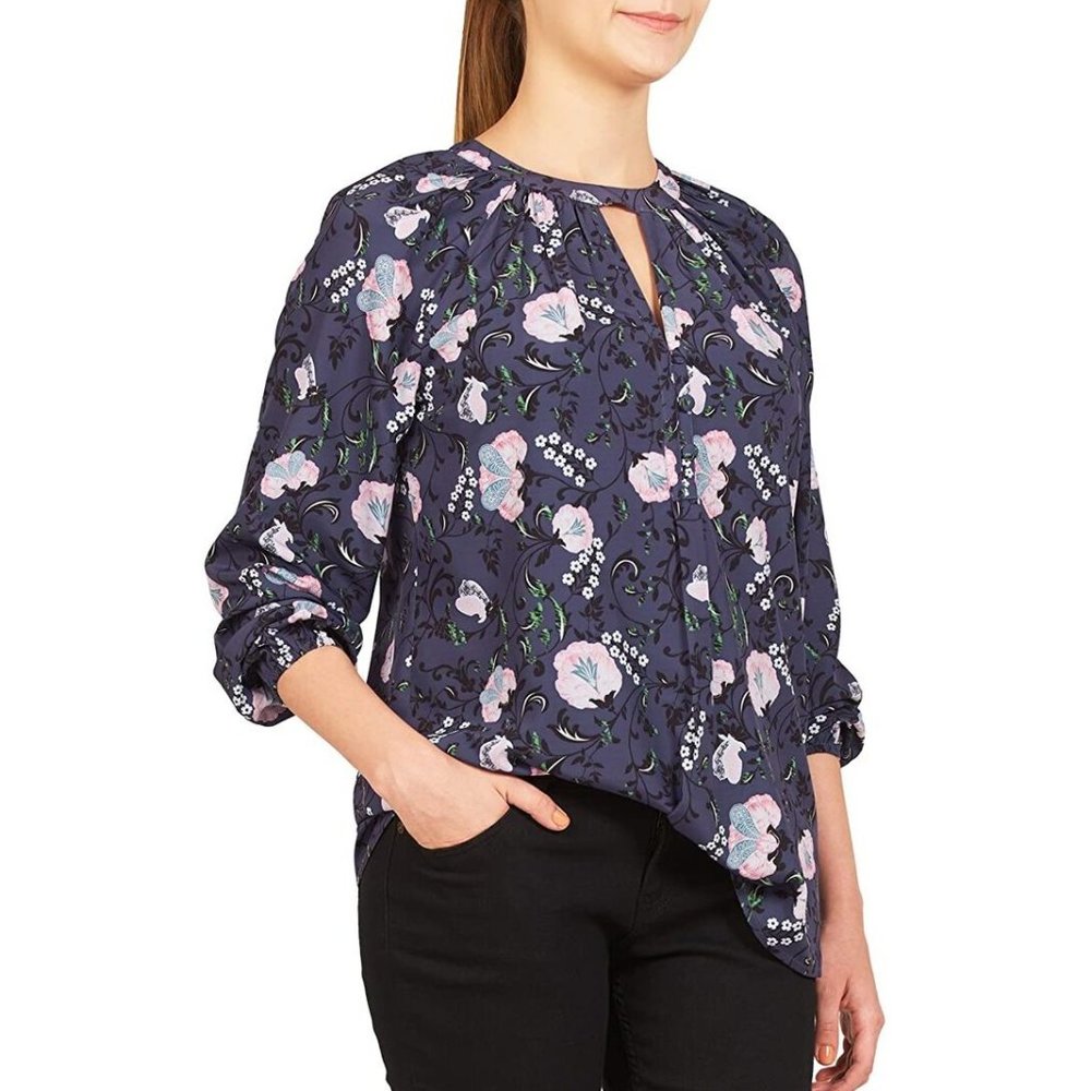 eShakti Floral Keyhole Blouse Top Size XL 16 Purple Crepe Unlined Pullover Boho